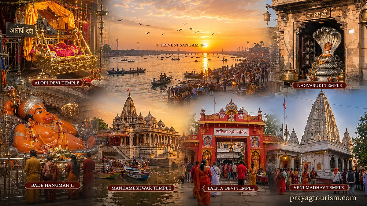 Major temples of Prayagraj including Alopi Devi Temple, Bade Hanuman Mandir, Mankameshwar Temple and Nag Vasuki Temple