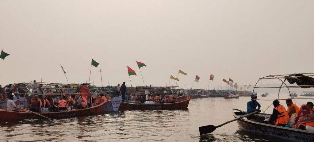Triveni Sangam in Prayagraj showing the confluence of Ganga, Yamuna and Saraswati during sunrise