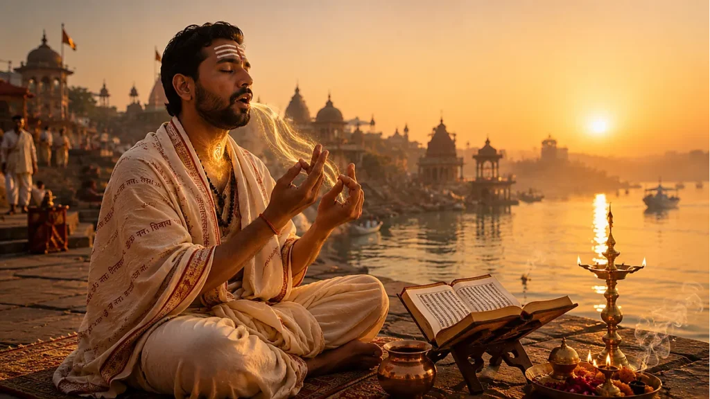 Vedic priest's hands in chanting mudra, symbolizing sacred sound