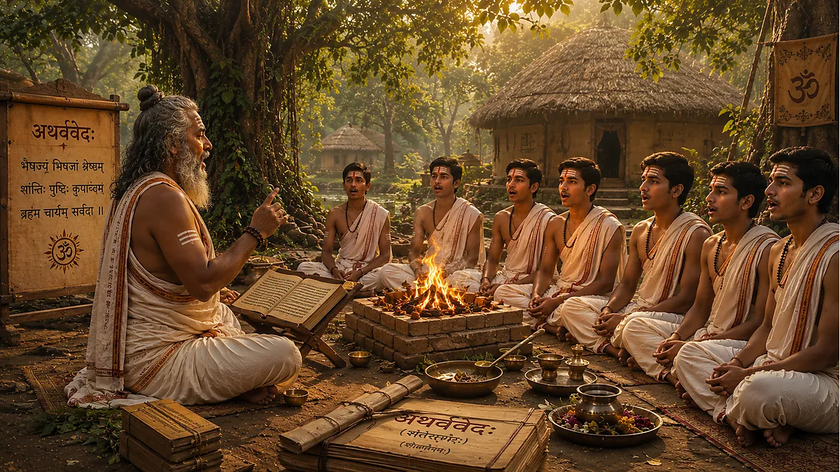Vedic scholars chanting mantras in a gurukula, demonstrating the oral tradition of the Atharvaveda