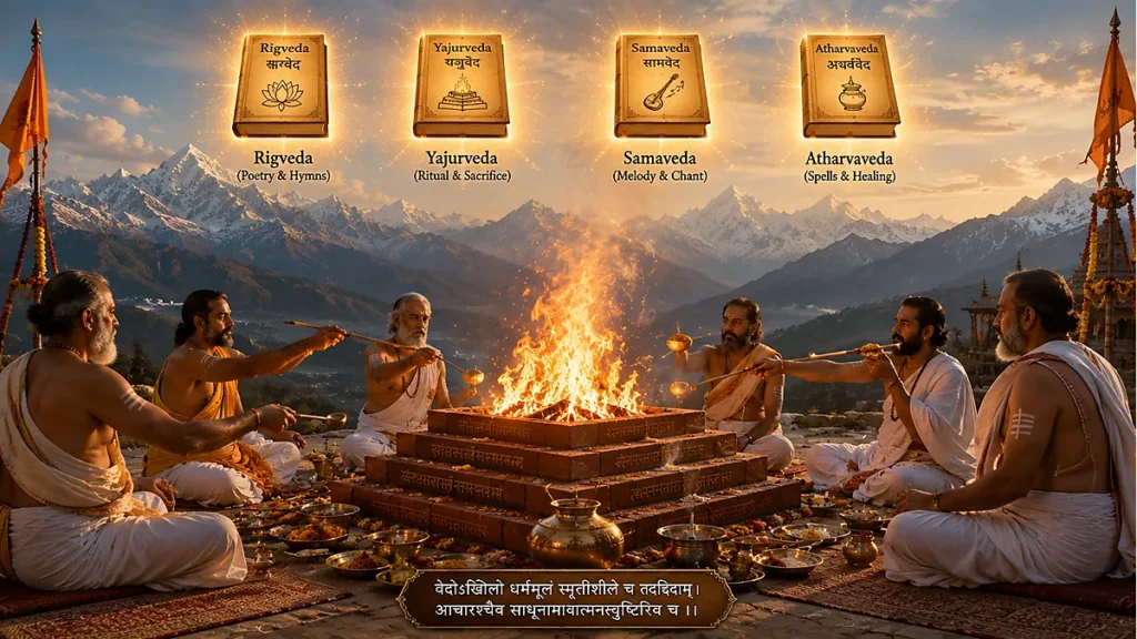 Priests performing a Vedic yajña (fire sacrifice) with the four Vedas represented as radiant symbols above the altar.