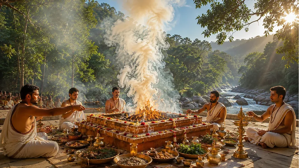 Vedic yajna performed in a natural setting, showing harmony with environment.