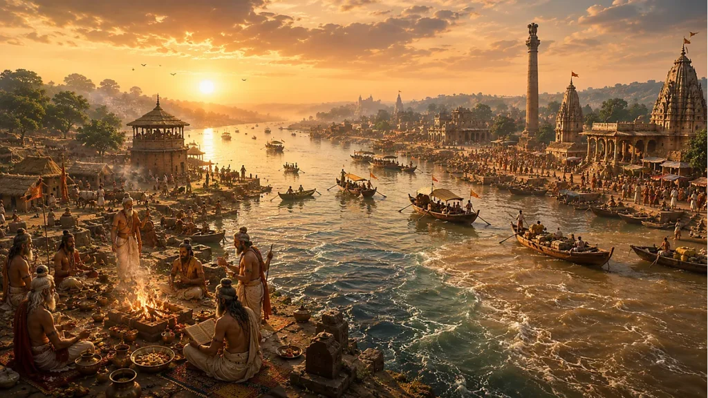 Ancient Prayagraj during the Vedic and Gupta periods showing the Sangam, sages, traders and early settlements