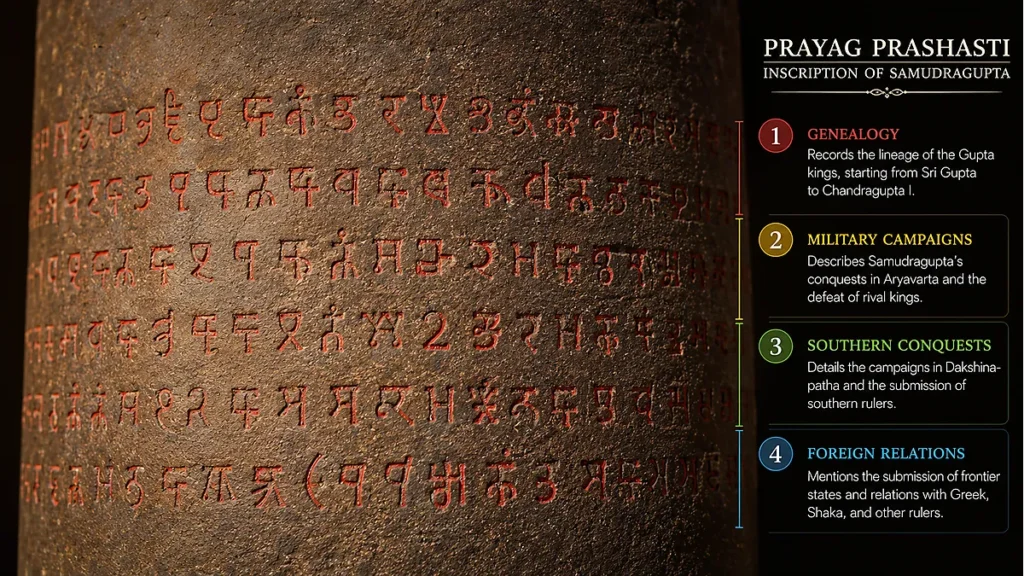Close-up of the Prayag Prashasti inscription engraved on the Ashokan Pillar in Prayagraj