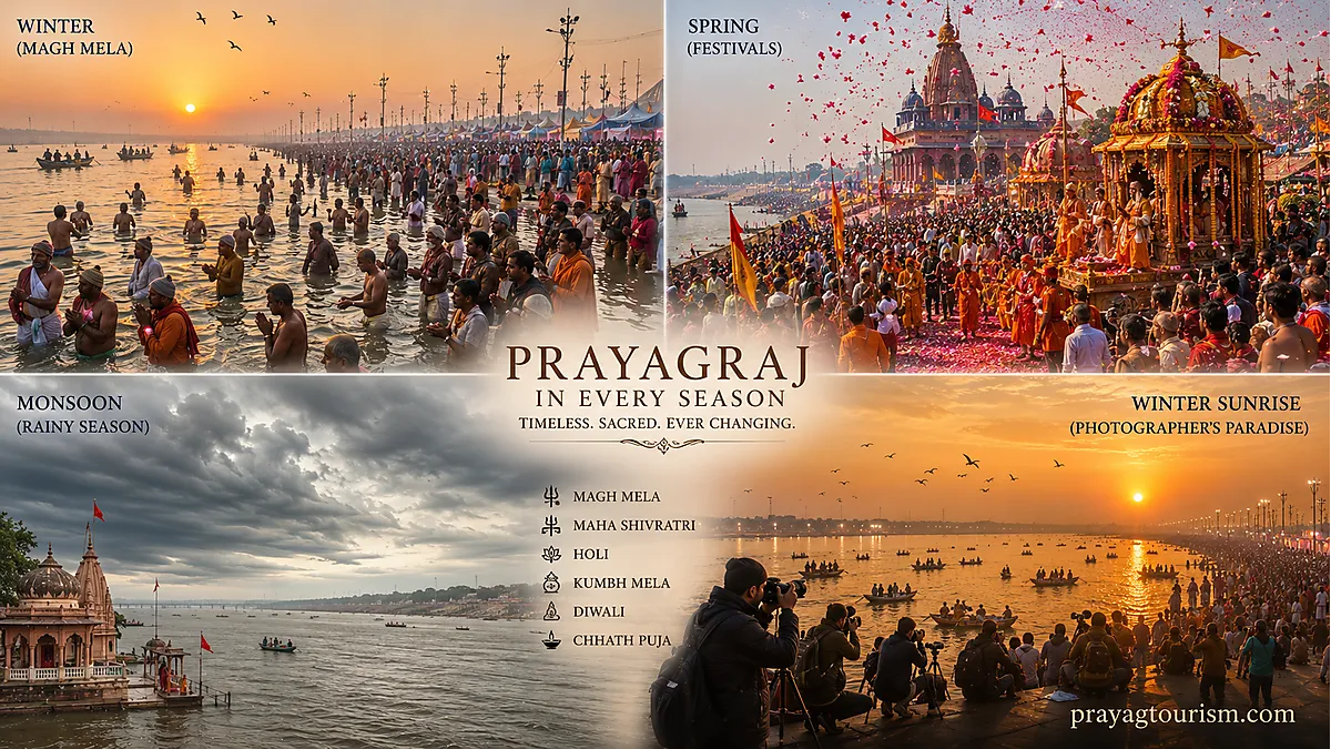 Seasonal view of Prayagraj showing Triveni Sangam, Magh Mela pilgrims and different weather conditions throughout the year