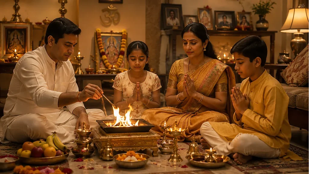 Modern family performing household yajna, continuing ancient Vedic traditions