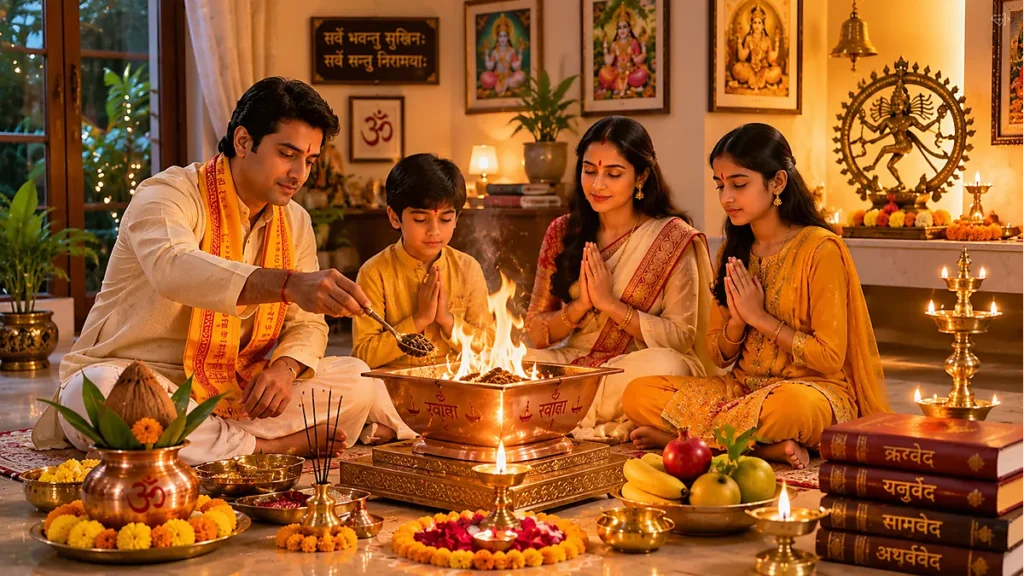 family performing household yajna, continuing ancient Vedic traditions