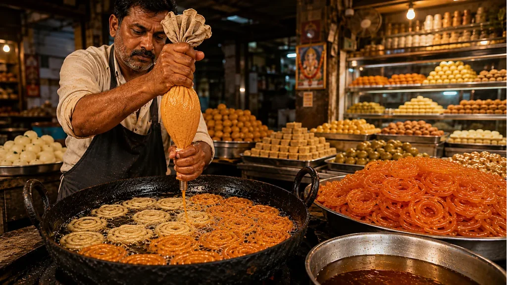 Fresh jalebis being prepared in a traditional sweet shop in Prayagraj