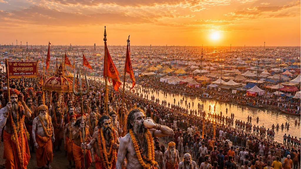 Kumbh Mela pilgrims and Naga Sadhus at Triveni Sangam during Shahi Snan in Prayagraj