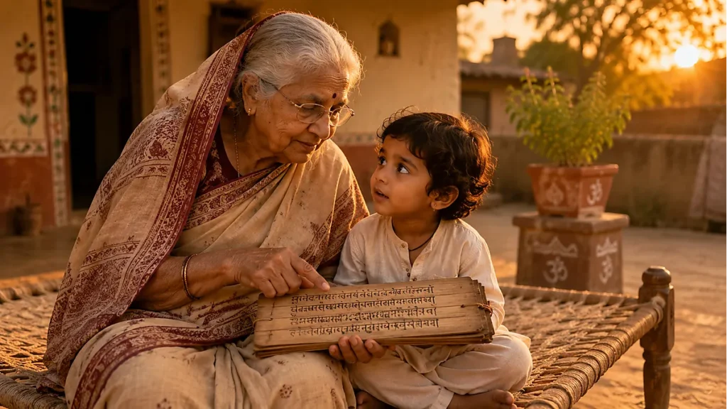 A grandmother teaching Sanskrit scriptures to a young child in a village courtyard – the living transmission of Sanatana Dharma.