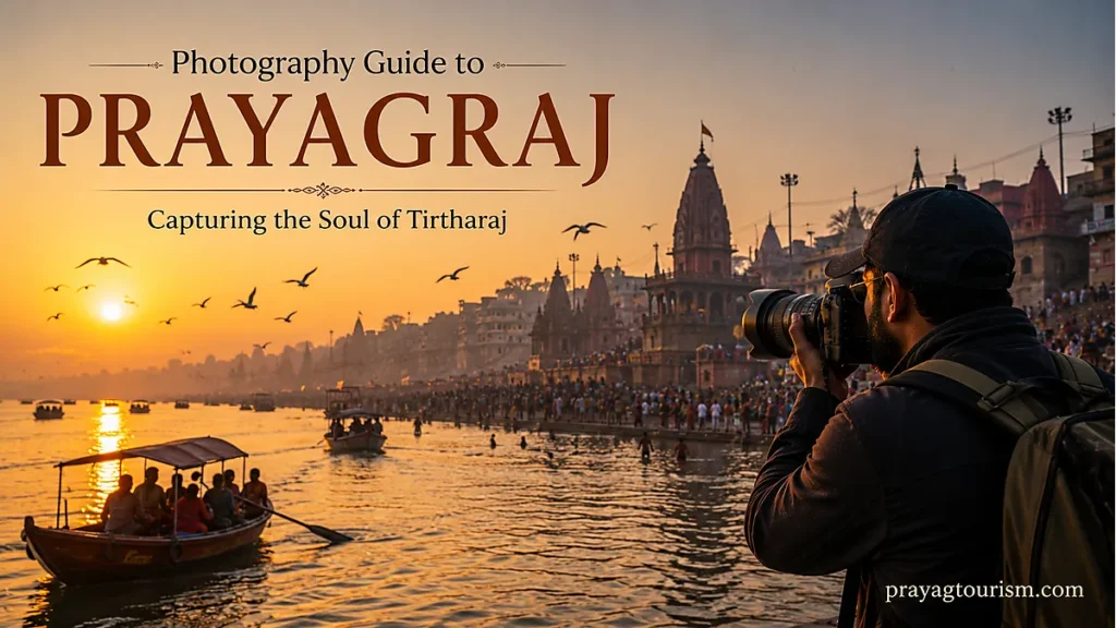 Photographer capturing sunrise at Triveni Sangam in Prayagraj