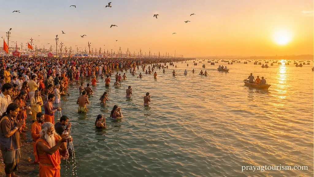 Sunrise at Triveni Sangam in Prayagraj, the sacred confluence described in Prayag Mahatmya