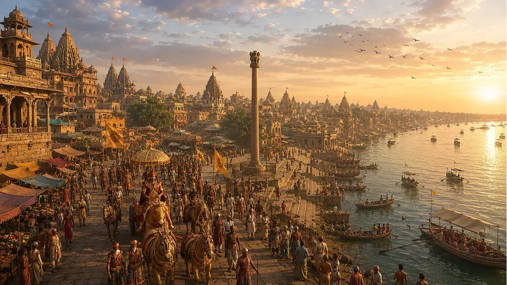Artistic reconstruction of Prayag during the Gupta period with temples, ghats and markets
