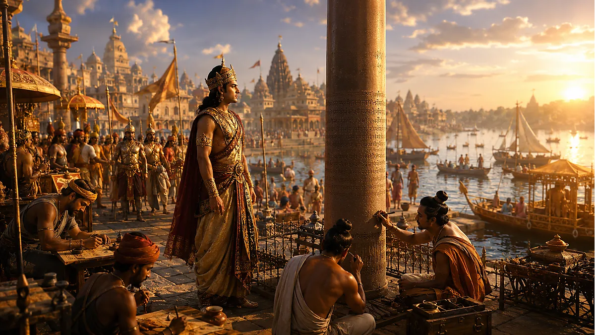 Samudragupta overlooking ancient Prayag with the Ashokan Pillar and Gupta Empire at its height
