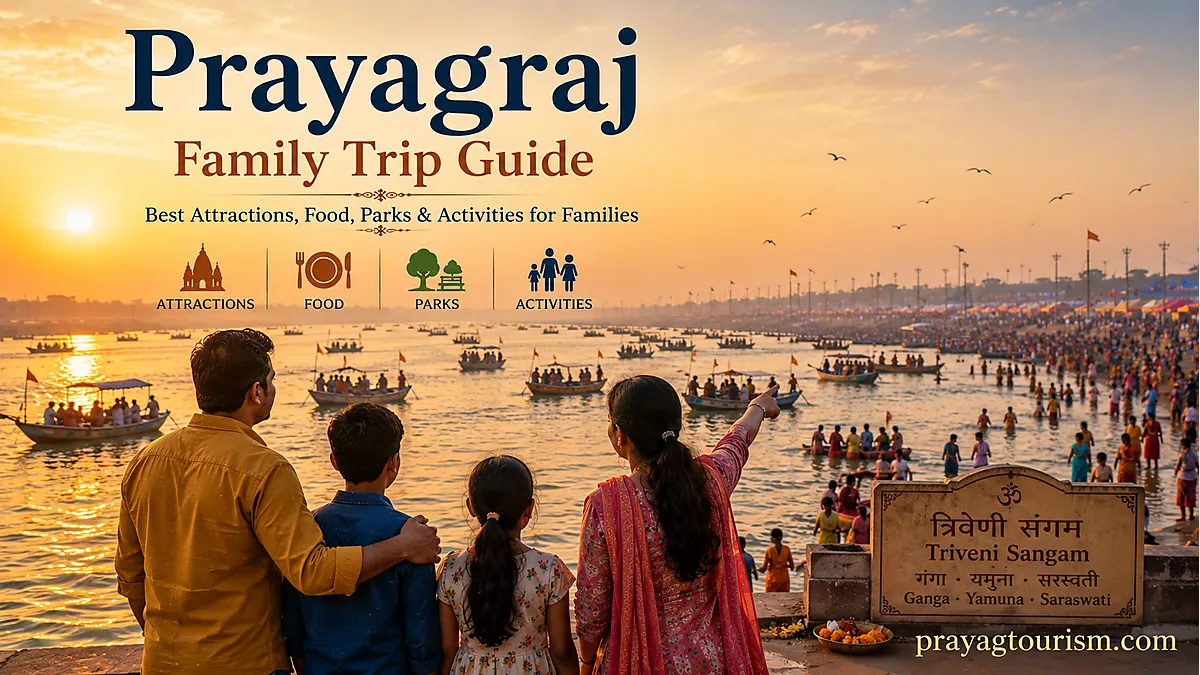 Family enjoying a sunrise boat ride at Triveni Sangam in Prayagraj