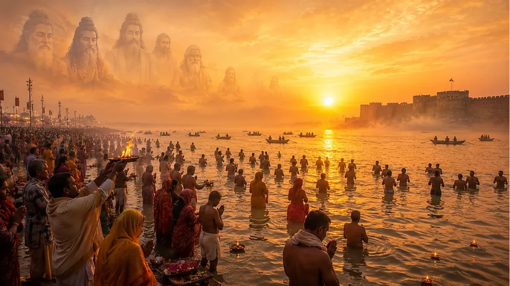 Sunrise at Triveni Sangam showing pilgrims at the sacred confluence known as Tirtharaj Prayag