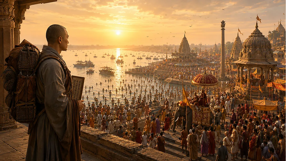 Chinese pilgrim Xuanzang observing Emperor Harsha's grand religious assembly at Prayag Sangam